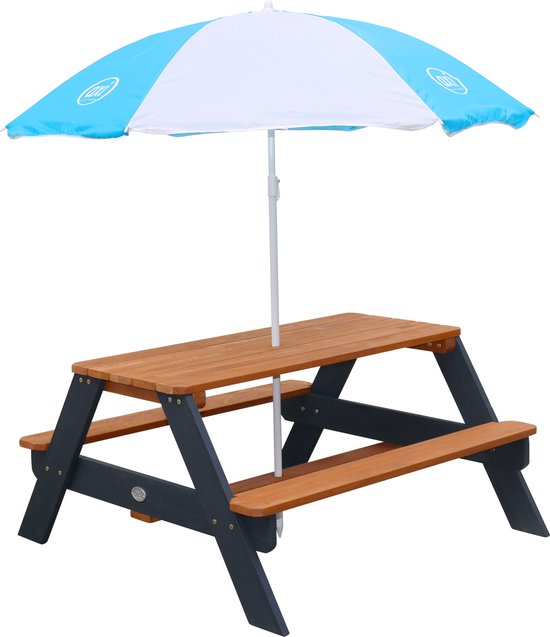 AXI Nick Picknicktisch Anthrazit/Braun – Sonnenschirm Blau/Weiß – Picknicktisch für Kinder aus FSC-Holz