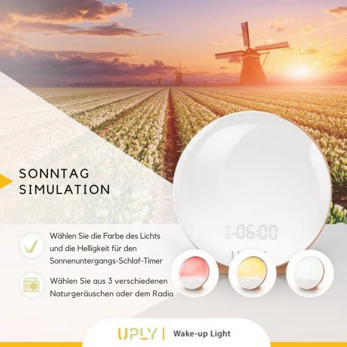UPLY - Wake Up Light - Lichtwecker mit USB-Ladestation - mit 4 Alarmen - WiFi - Google Home | Amazon Alexa - Weiß