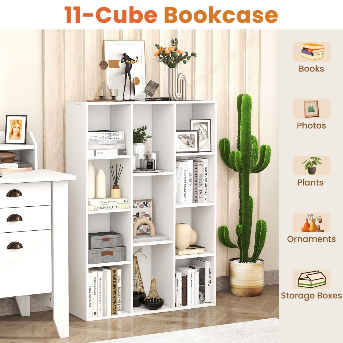 Coast Bücherregal 11 Fächer Weiß 74x24x106 cm - Modernes geometrisches Raumregal mit Kippschutz