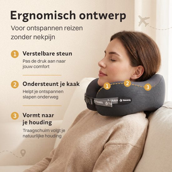 TRAVARA Nackenkissen „The Daydreamer“ – Reisekissen mit Duo-Density-Memory-Schaum – Für Flugzeug und Auto – Memory-Schaum – Dunkelgrau