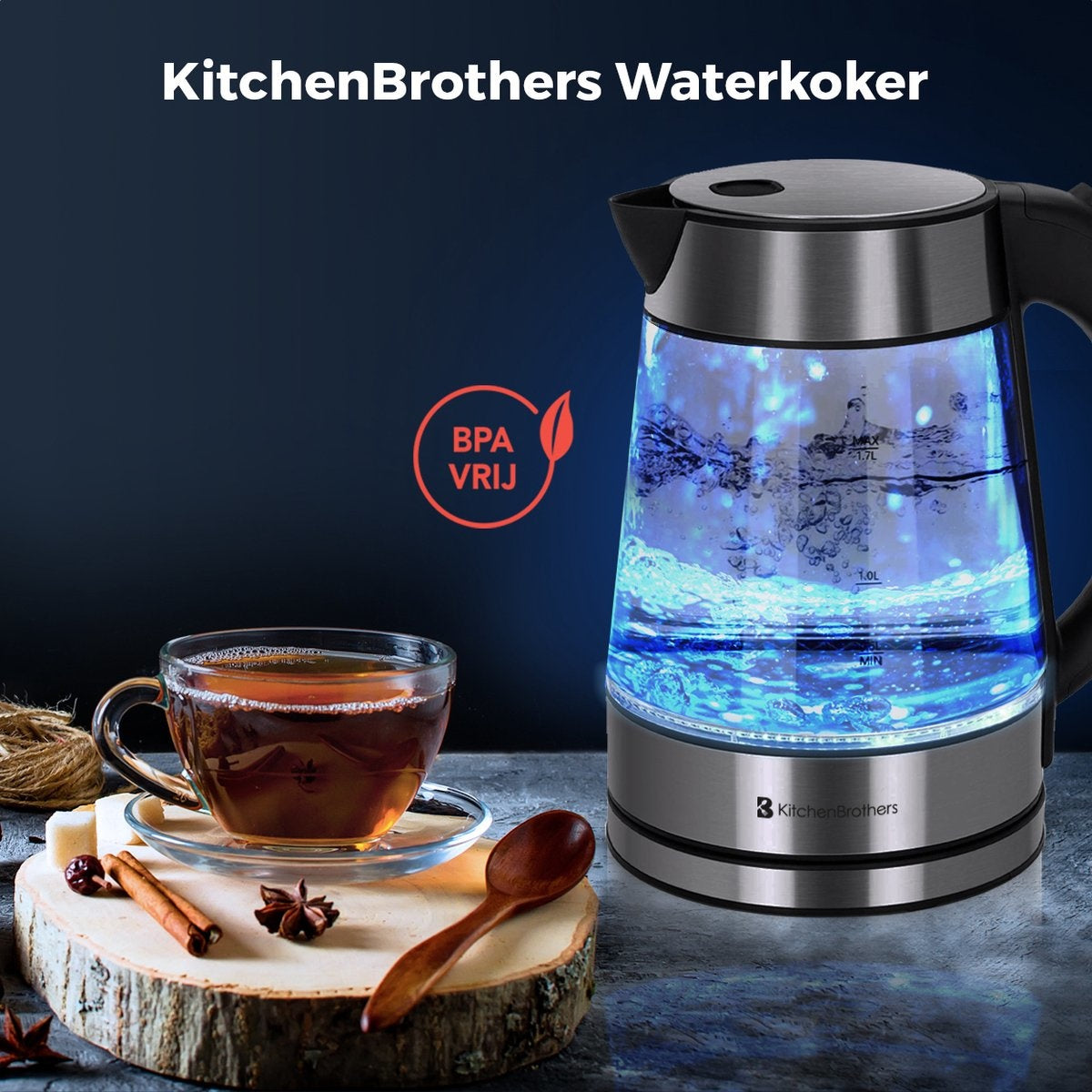 KitchenBrothers - Elektrischer Wasserkocher - Retro - 1,7L - mit Filter - 2200W - Glas - rostfreier Stahl