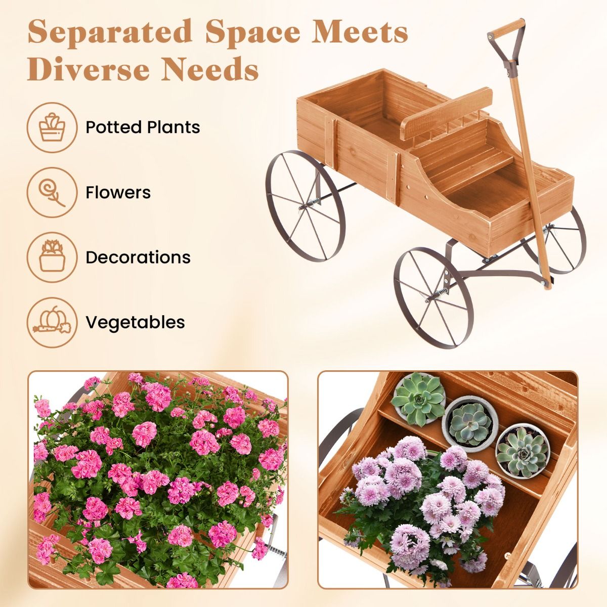 Coast Holz-Pflanzenwagen mit 2 Sektionen und Rädern - 62x34x61 cm - Orange