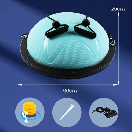 DH FitLife Balanceball, Yoga-Balancetrainer, Durchmesser 60 x 22 cm, belastbar bis 200 kg, halber Gymnastikball, Fitness-Balanceboard, Gleichgewichtsbrett mit Pumpe und 2 Fitnessbändern