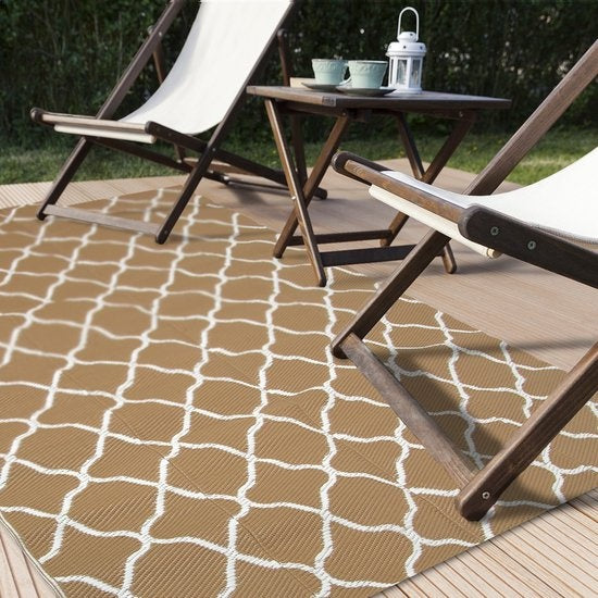 LifeGoods Outdoor-Teppich - 120x180CM - Gartenteppich - Reversibel - Inkl. Tragetasche - Mit Muster - Beige/Weiß