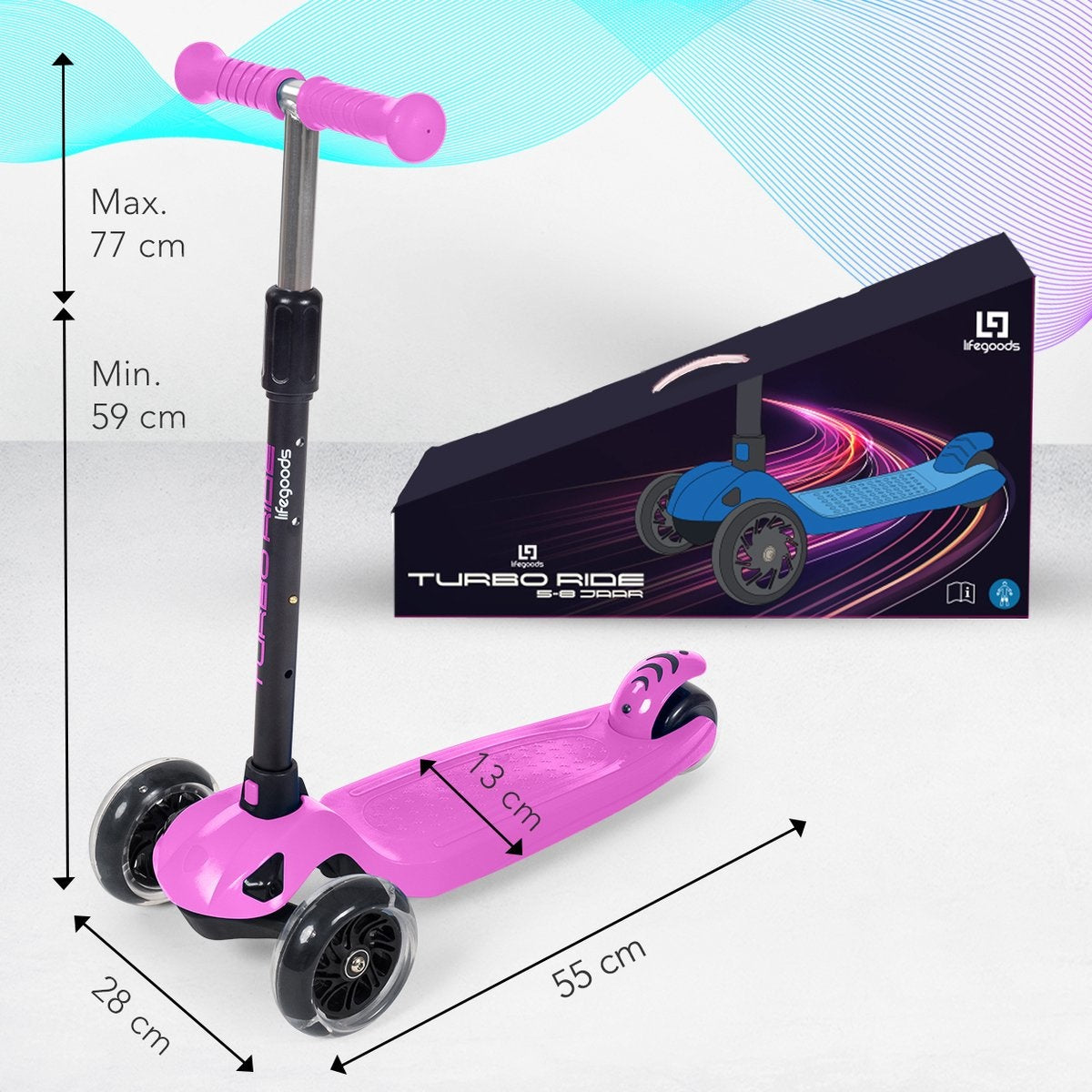 LifeGoods TurboRide Kinder-Roller - Alter 5-8 Jahre - 3 leuchtende Räder - Jungen/Mädchen - Pink