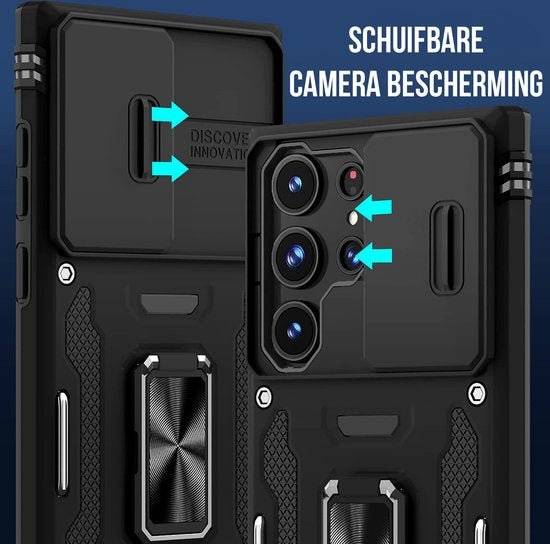 Podec Case mit Displayschutzfolie - Geeignet für Samsung Galaxy S23 Ultra - Schwarzes Handy Case - Anti-Shock Case - Hybrid Armor Case mit Kickstand Ring
