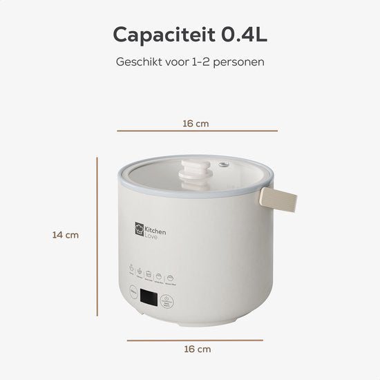 KitchenLove Reiskocher - 0.4L - Multikocher - Langsamkocher - 1 bis 2 Personen - Klein - Cremeweiß