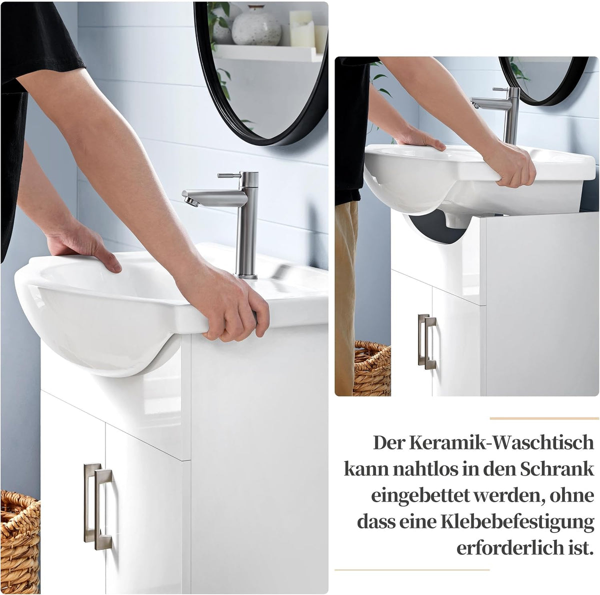 Yaheetech Badezimmerschrank mit Waschbecken – Weiß Hochglanz – 61 x 43,5 x 84 cm – Freistehend, Keramik-Waschbecken