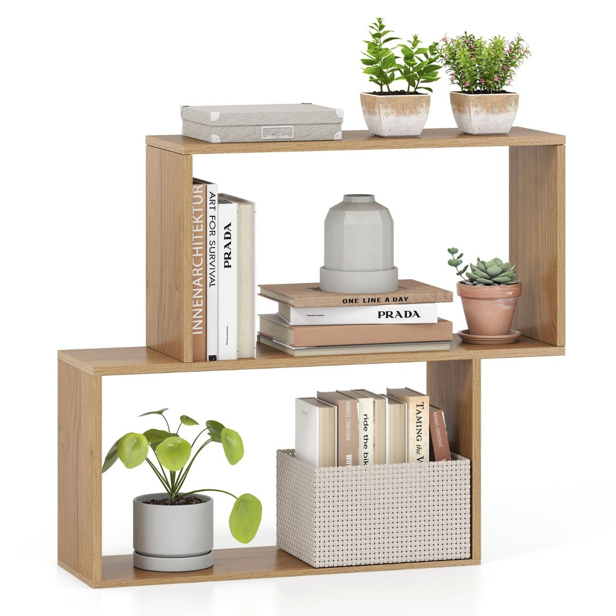 Coast Bücherregal – 3-stöckiges geometrisches Design – 2 würfelförmige Fächer – Naturholz