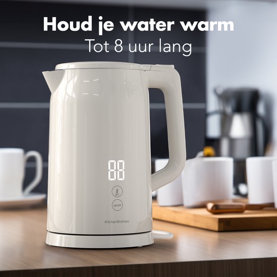 KitchenBrothers Wasserkocher - 1.7L - Mit Temperaturregelung - Elektrisch - Warmhaltefunktion - Display - Doppelwandig - Cool-touch - 2200W - Beige