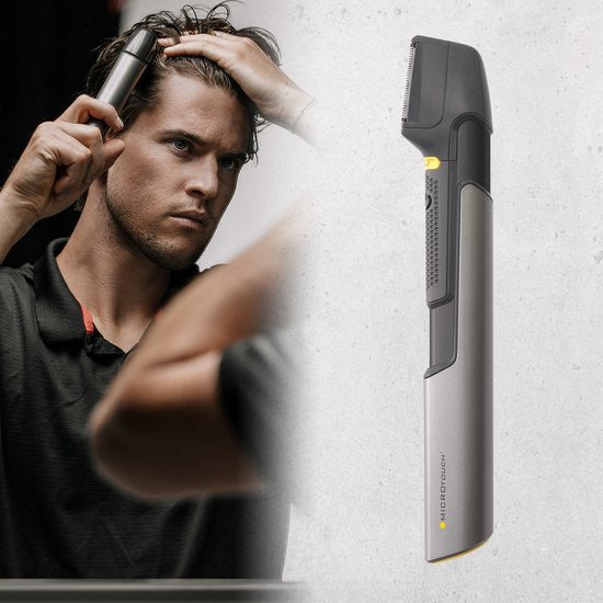 Mediashop Micro Touch Titanium Trim – Haarschneidemaschine mit Edelstahlklingen – Schneiden, Trimmen & Stylen – Haar-, Gesichts- und Körpertrimmer – 5 Aufsätze – Haarschneidemaschine – empfohlen von Dominic Thiem