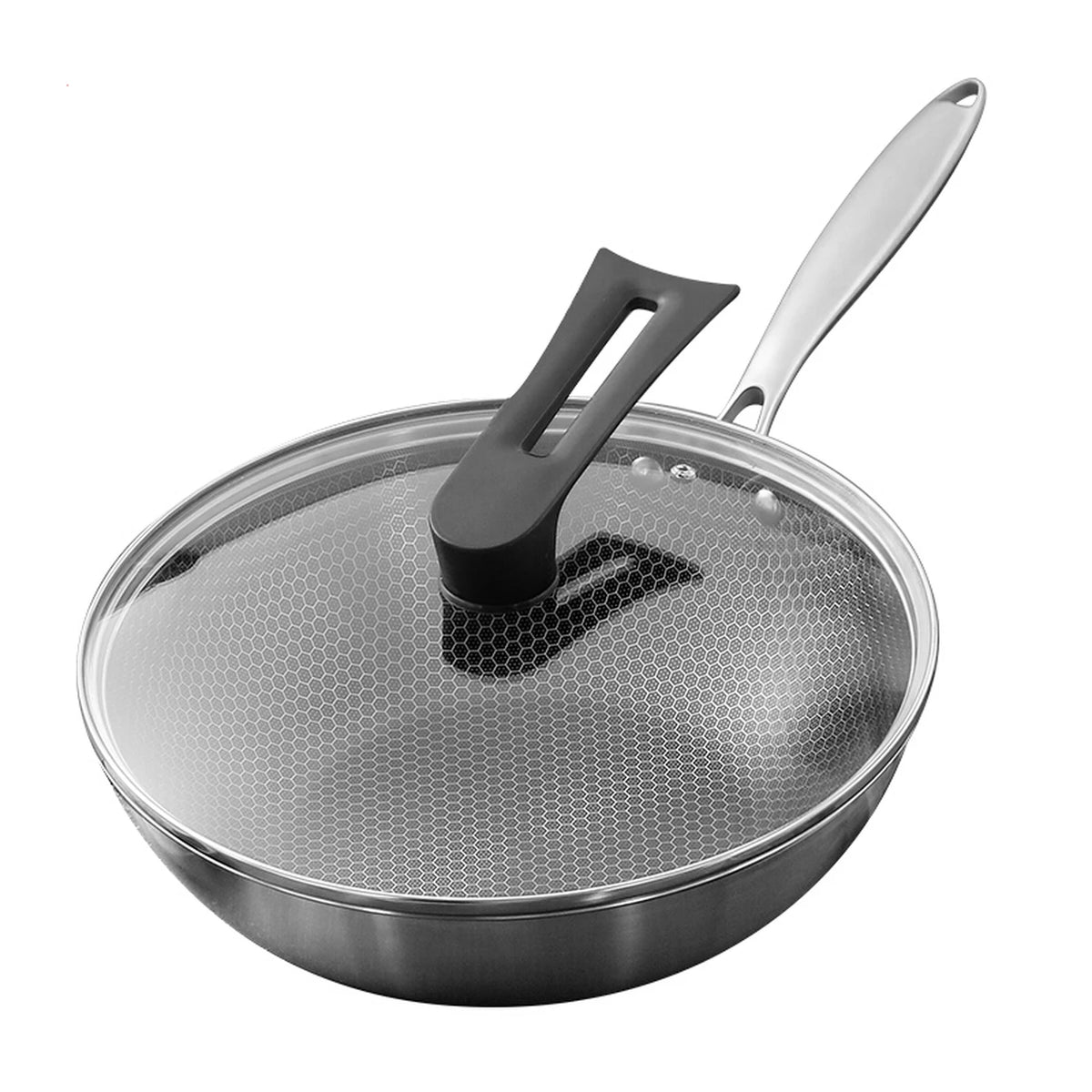 Ochama Wok 30 cm mit Deckel – Edelstahl, Wabenmuster, Antihaftbeschichtung ohne Teflon – geeignet für Induktion, Gas und Elektroherde