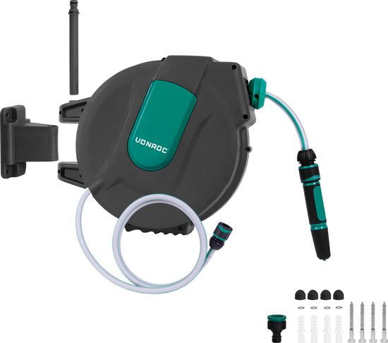 VONROC Wand-Schlauchbox - Inkl. 15m Gartenschlauch, Verbindungsschlauch, Tülle, Kupplungen & Wasserhahnanschluss - Automatisches Aufrollsystem