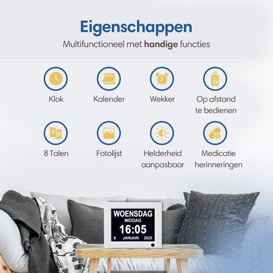 SafeLife Demenz-Uhr XL - Digitale Kalenderuhr - Mit Datum und Tag - Medizinischer Wecker, Alarmfunktion & Bilderrahmenfunktion - Alzheimer-Uhr / Senioren-Uhr