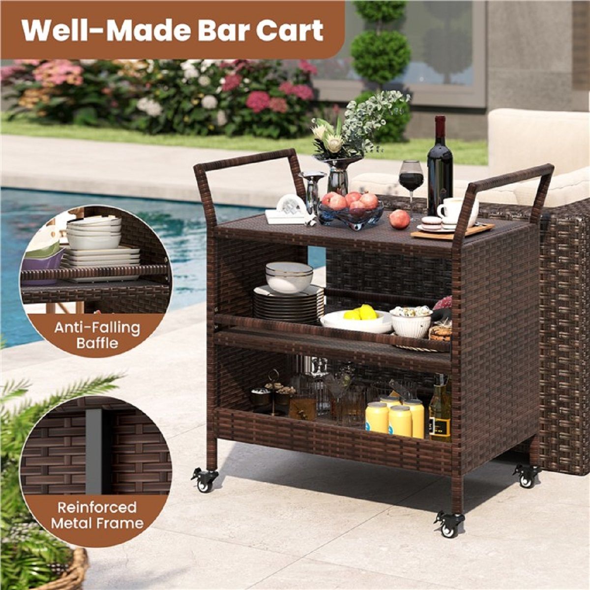 Coast Gartenbarwagen – 3 Ablagen – Rattan mit feststellbaren Rädern – Braun – 86 x 50 x 89 cm