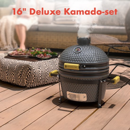 KitchenBrothers Kamado BBQ - 16-Zoll-Holzkohlegrill - 34⌀ cm - PFAS-frei - Deluxe-Set - Eiergrill mit Zubehör - Grau