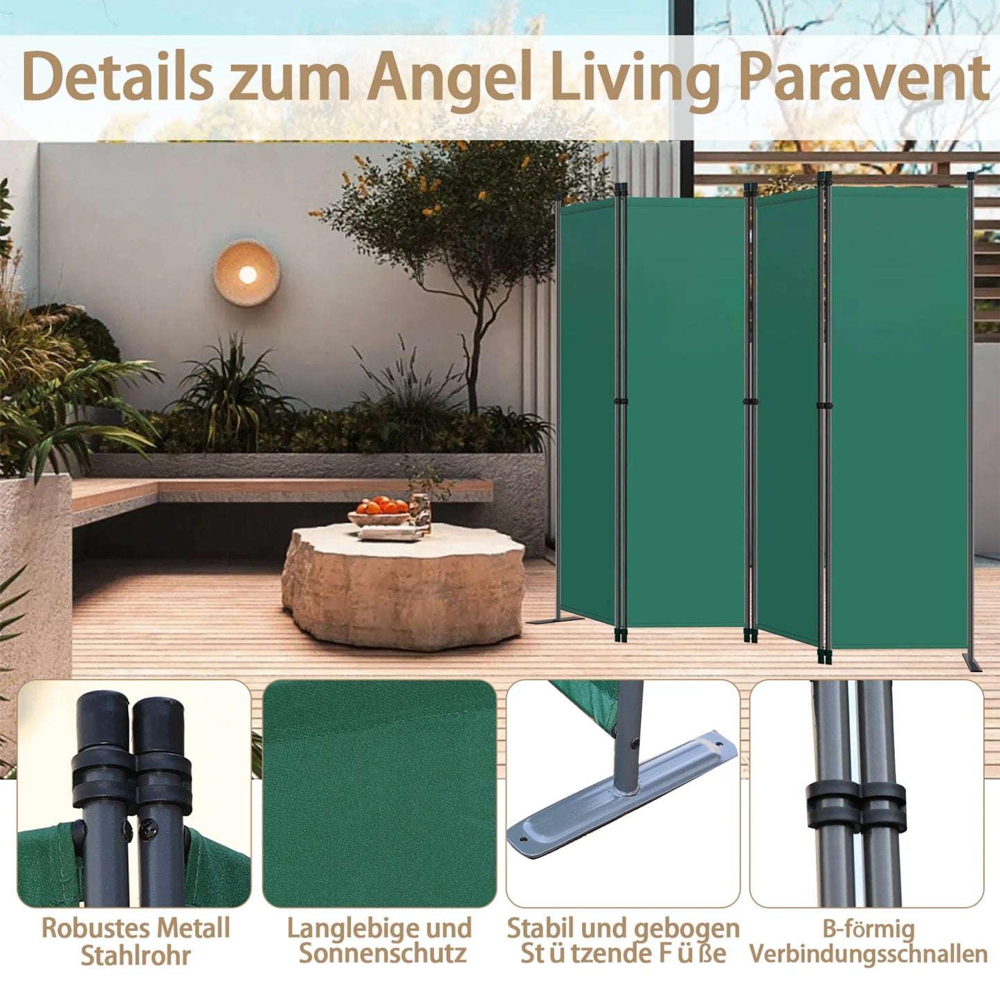 Angel Living – 4-teiliger Faltparavent – Raumteiler, Sichtschutz – Stahl und Polyester – grün