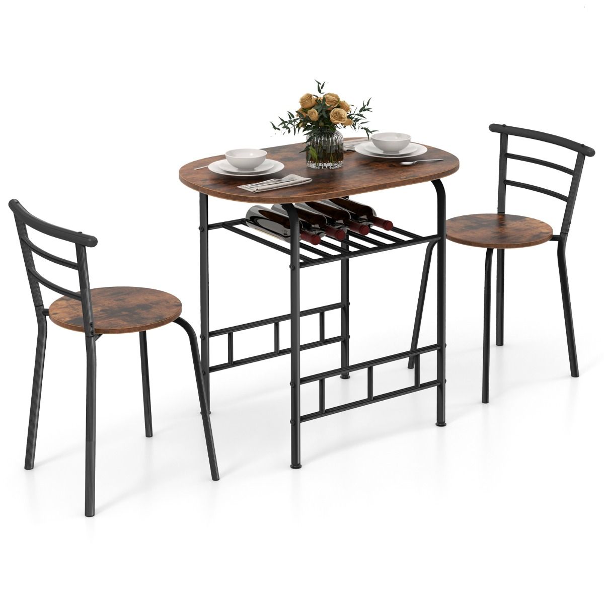 Coast Küchentisch und Stuhl Set für 2 Personen - Ovaler Tisch 80x53x77 cm mit 2 Stühlen, Weinregal, MDF und Metall, Braun/Schwarz