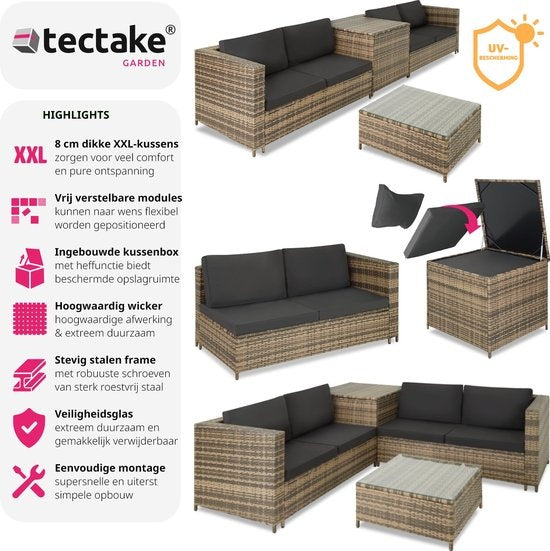 Tectake - Wicker Lounge Set Siena (4 Personen) - Modular, Aufbewahrungsbox, extra dicke Kissen, UV- und wetterbeständig, Stahlrahmen - Natur/Dunkelgrau