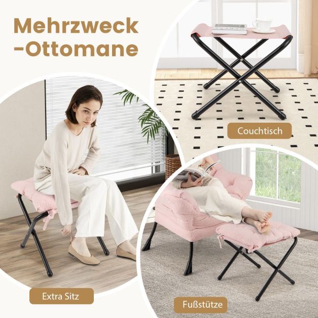 Coast Rosa Loungesessel mit Armlehnen, Kopfkissen und Seitentasche – Relaxsessel mit optionalem Fußhocker – Sherpa – Rosa