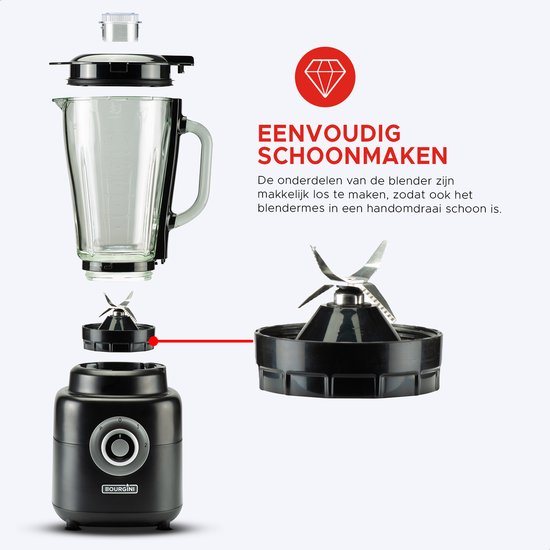 Bourgini PowerBlender - 1.75L - Blender zum Mitnehmen mit 700ml Becher - Blender Smoothie und Eiscrusher - 1000 Watt - Schwarz