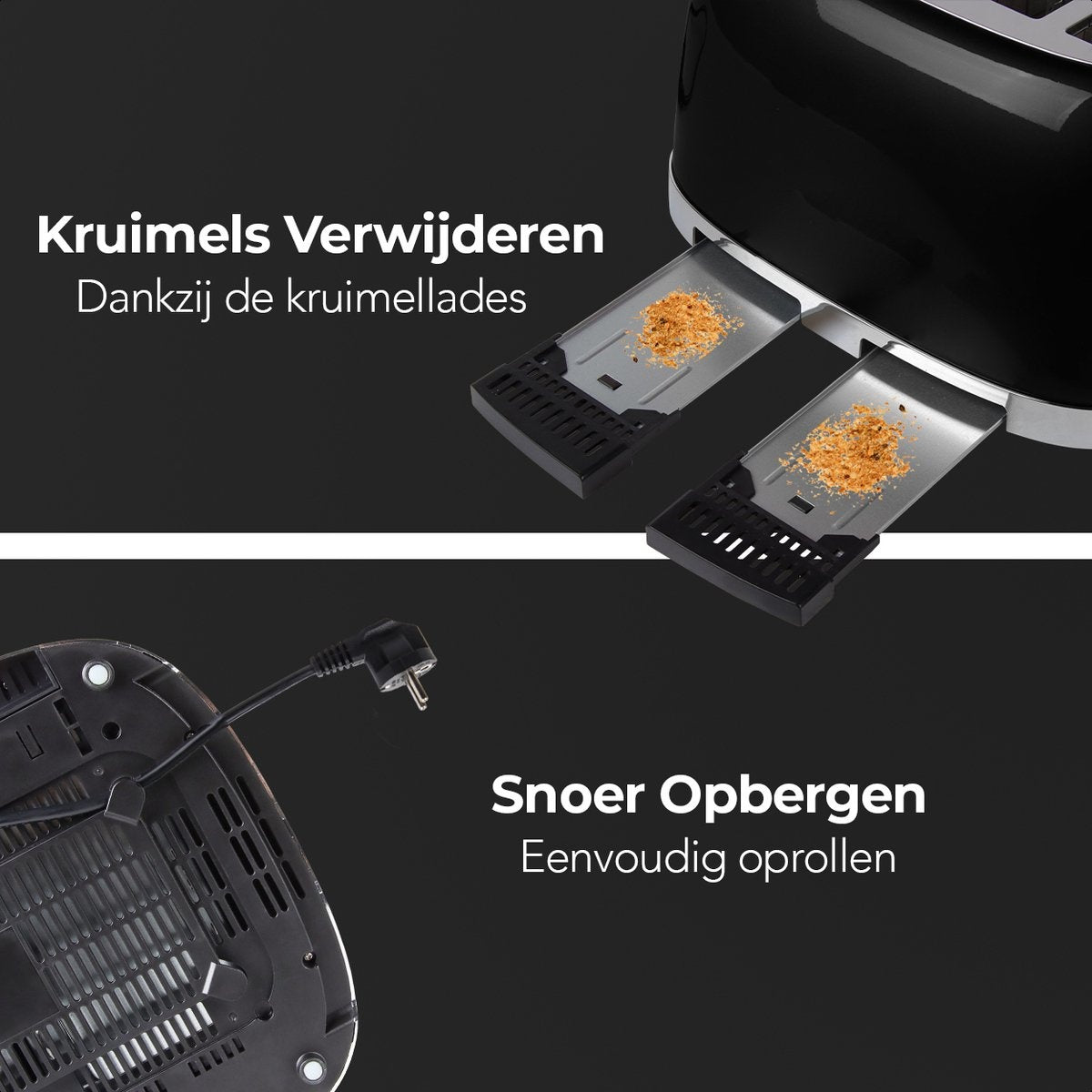 KitchenBrothers Retro-Toaster - 6 Heizstufen - 4 extra breite Schlitze - 1630W - Aufwärm- und Auftaufunktion - Schwarz