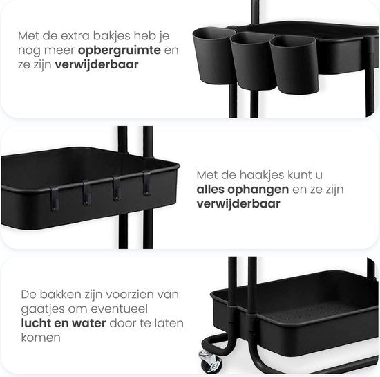 Goliving Küchenwagen auf Rädern - Servierwagen - Küchenwagen - Mit Haken und Tabletts - Mobil und feststehend - 3 Ebenen - Schwarz