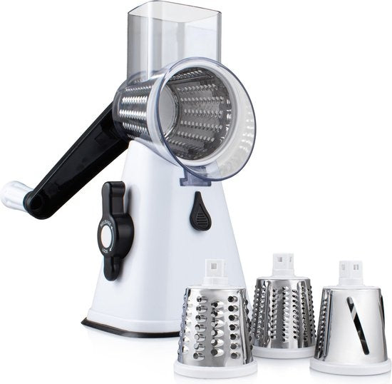 Nimma Trommelreibe - Inklusive 3 Aufsätzen und Spiralschneider - geeignet als Käsereibe und Reibe - Weiß