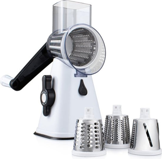 Nimma Trommelreibe - Inklusive 3 Aufsätzen und Spiralschneider - geeignet als Käsereibe und Reibe - Weiß