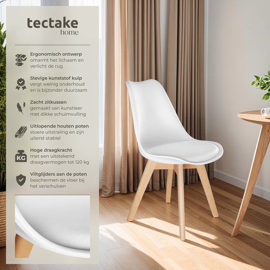 tectake® Esszimmerstuhl Frederikke – 6er-Set Esszimmerstühle mit gepolsterter Stoffsitzfläche – Beine aus Massivholz – Ergonomische Stühle, geeignet für Wohnzimmer, Esszimmer, Schlafzimmer und Küche – Belastbarkeit 120 kg – Weiß