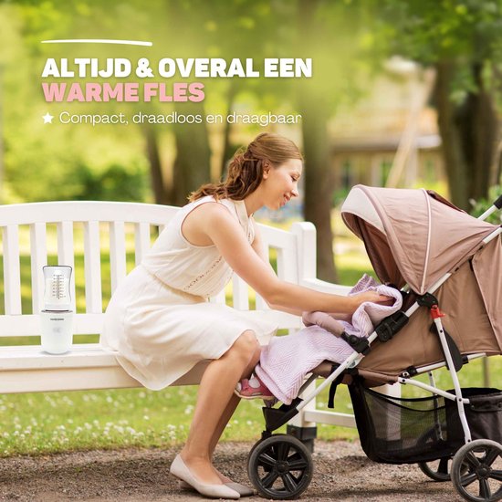 Vulpes Goods® BabyCare - Flaschenwärmer Pro Max- Tragbarer Babyflaschenwärmer für unterwegs - Intelligenter Flaschenwärmer - 4 Temperaturstufen - Kabellos - Inklusive 6 Adapter - USB Wiederaufladbar - 13.200 mAh - Weiß