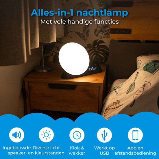 Nuvance Wake up light - Digitaler Wecker - Nachtlicht - Schlafzimmer - Schlaftrainer - mit Sounds - Lautsprecher - Sprachgesteuert