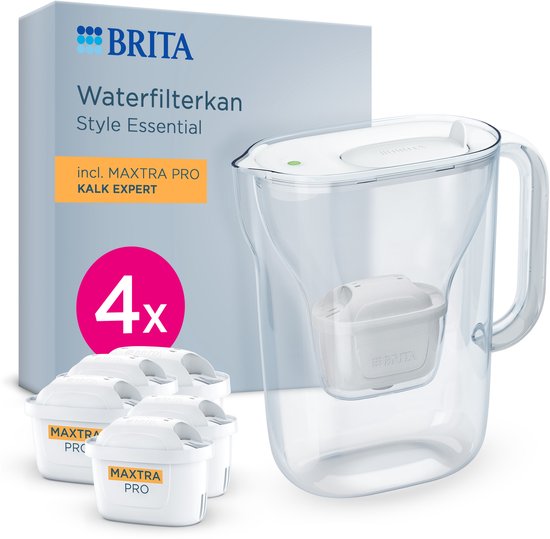 BRITA Wasserfilterkanne Style Essential Cool – 2,4 l – Weiß – inkl. 4 MAXTRA PRO Kalk Expert Wasserfilterkartuschen – passt in den Kühlschrank, mit Smart LED Light und Klappdeckel