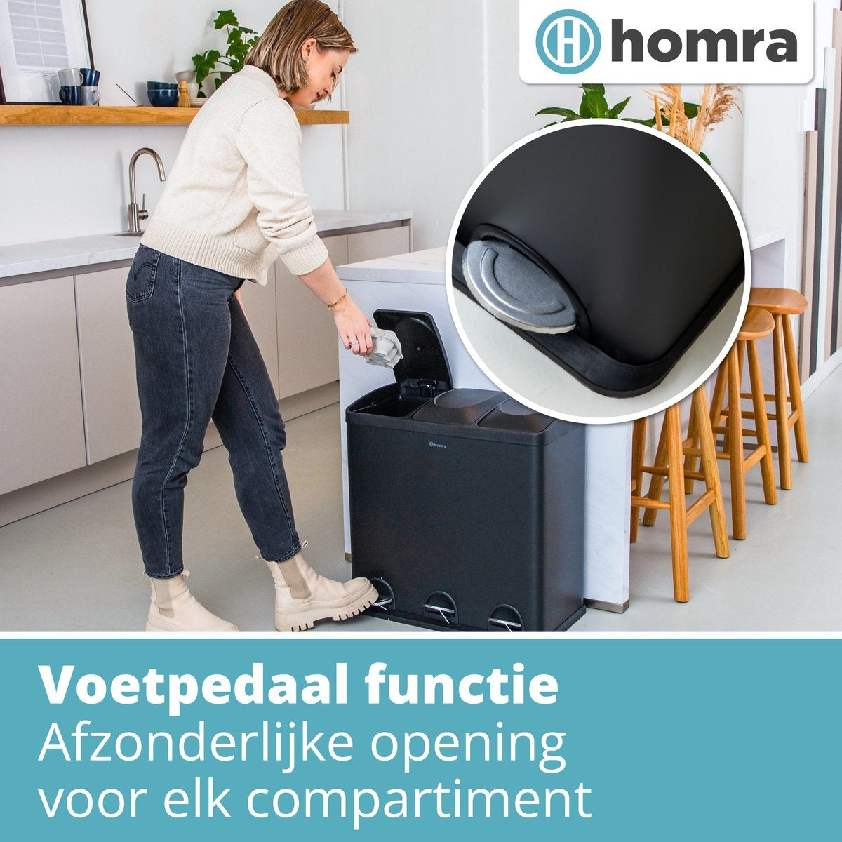 Homra MAXER Treteimer - Mülleimer 3 Fächer - Abfalleimer 60 Liter (3x 20L) - Trio-Eimer - Schwarz