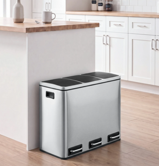 Joyfurnos Abfallbehälter mit 3 Fächern, 3 × 18 l – Silber & Schwarz – 61 × 31,5 × 55,5 cm