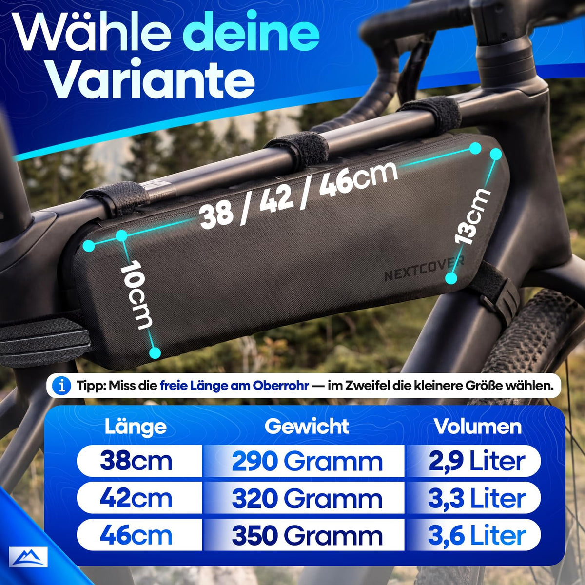 Nextcover Bikepacking-Rahmentasche 42 cm – 100 % wasserdichtes AquaShield-TPU – Unterrohrtasche für Gravelbike, Rennrad und MTB