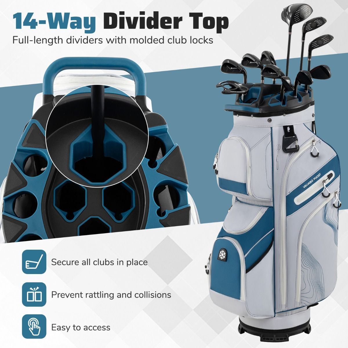 Coast Golf Bag mit 14 Fächern, 11 Taschen, Trageriemen und Regenschutz - leichte Golf Cart Bag - 34x24x90,5 cm - Marineblau