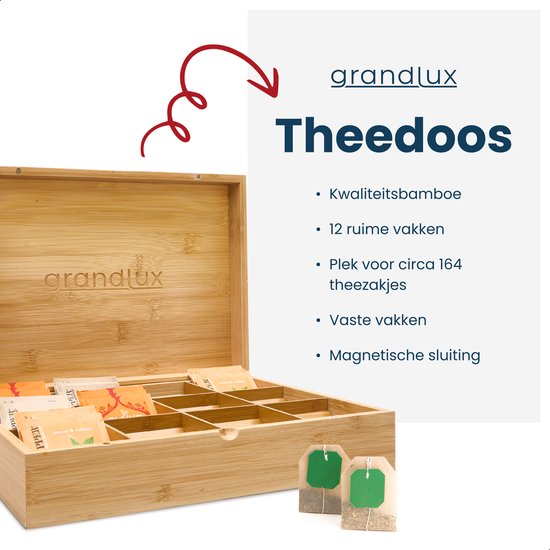 Grandlux Teedose mit 12 Fächern – Geräumige Fächer für Pickwick, Pukka, Twinings, Clipper – 100 % Bambus – Tee-Organizer