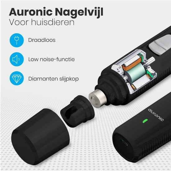 Auronic Elektrische Nagelfeile - für Tiere - wiederaufladbar - kabellos - Diamantfeilkopf - Hund/Katze - Schwärzen