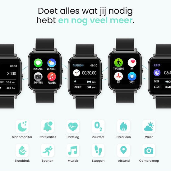 MAOO AMPLIFY Smartwatch - Inkl. Bildschirmschutz - Herzfrequenz, Blutdruck, Blutsättigung, Schlaf, Entfernung - Schrittzähler - Smartwatch Männer - Smartwatch Frauen - Uhr - Weihnachtsgeschenk - Schwarz