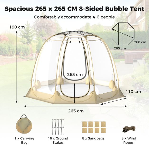 coast 630° transparentes Pop-up Kuppelzelt 265 x 265 x 190 cm für 5-6 Personen, beige