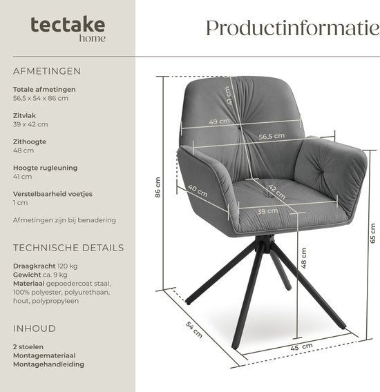 tectake® Drehstuhl Lenia - 2er-Set Drehstühle mit Armlehne - Esstischdrehstuhl - Drehsessel - gepolstert - Samtoptik Anthrazit/Schwarz
