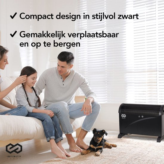 Infinity Goods - Elektrischer Konvektor - Turbofunktion und Gebläse - 750 / 1500 / 2000W - Einstellbarer Thermostat - Heizkörperheizung - Überhitzungsschutz - 35m² - Schwarz