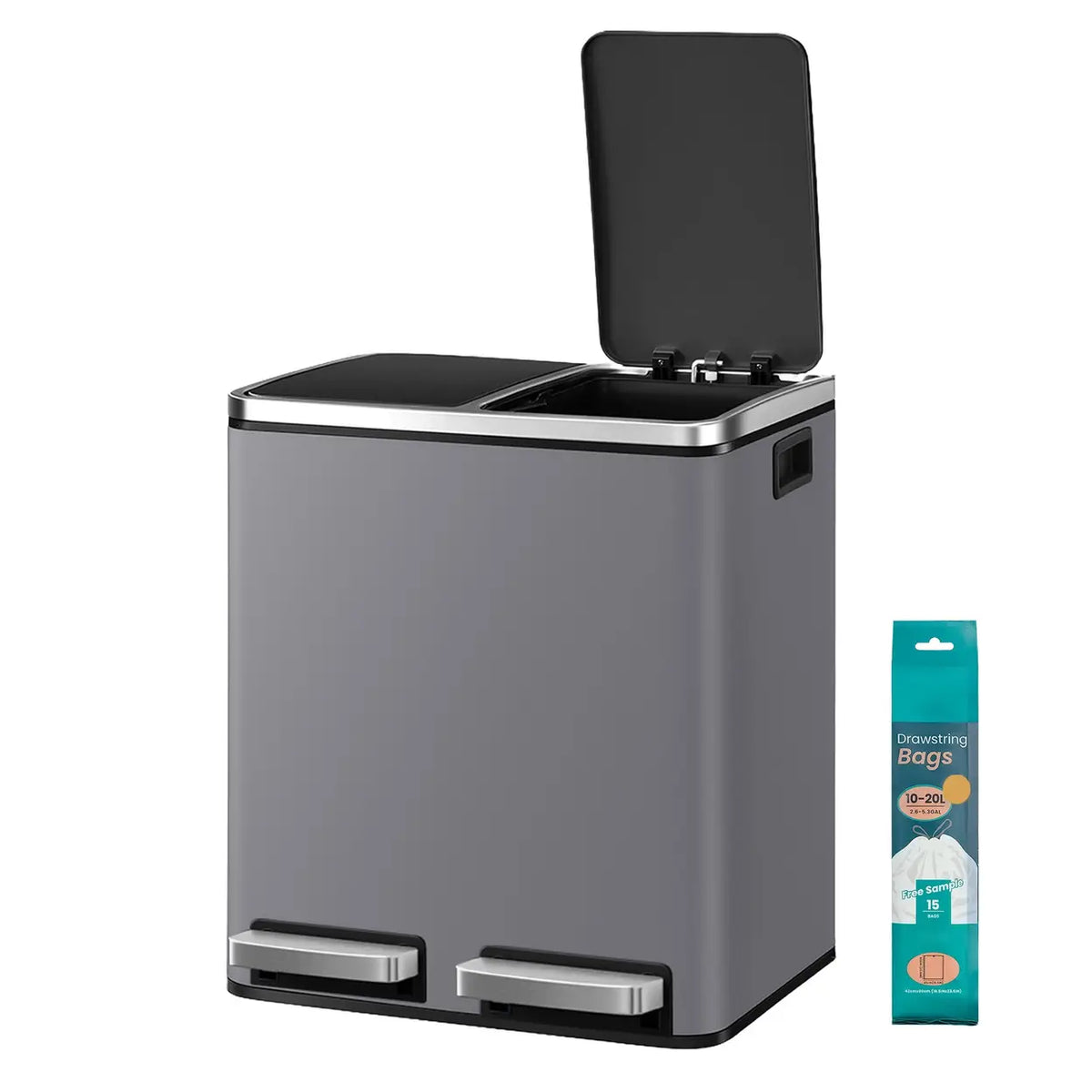 JOYFURNOS Mülleimer 16 l – 41,8 × 35,9 × 44,5 cm – Grau – Zwei Fächer mit Softclose