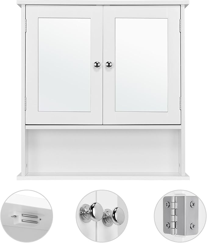 Yaheetech Badezimmerspiegelschrank mit 2 Spiegeltüren und offenem Stauraum – Weiß