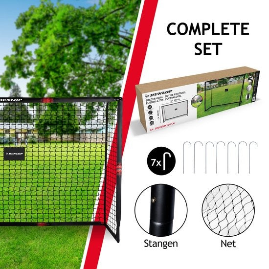 Dunlop Fußballtor - 300 x 200 x 120 cm  - Outdoor -  für Kinder und Erwachsene - schnelle Montage - Metall - Schwarz/Rot