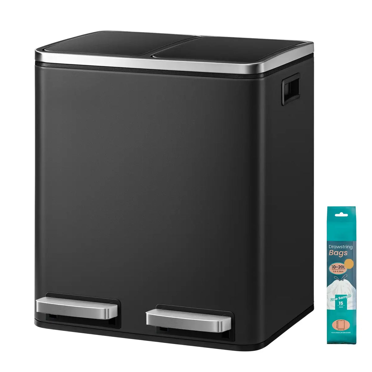 Joyfurnos Doppel-Treteimer – Schwarz – 2 x 15 Liter – Softclose-Deckel – Stahl – 41,8 x 35,9 x 44,5 cm