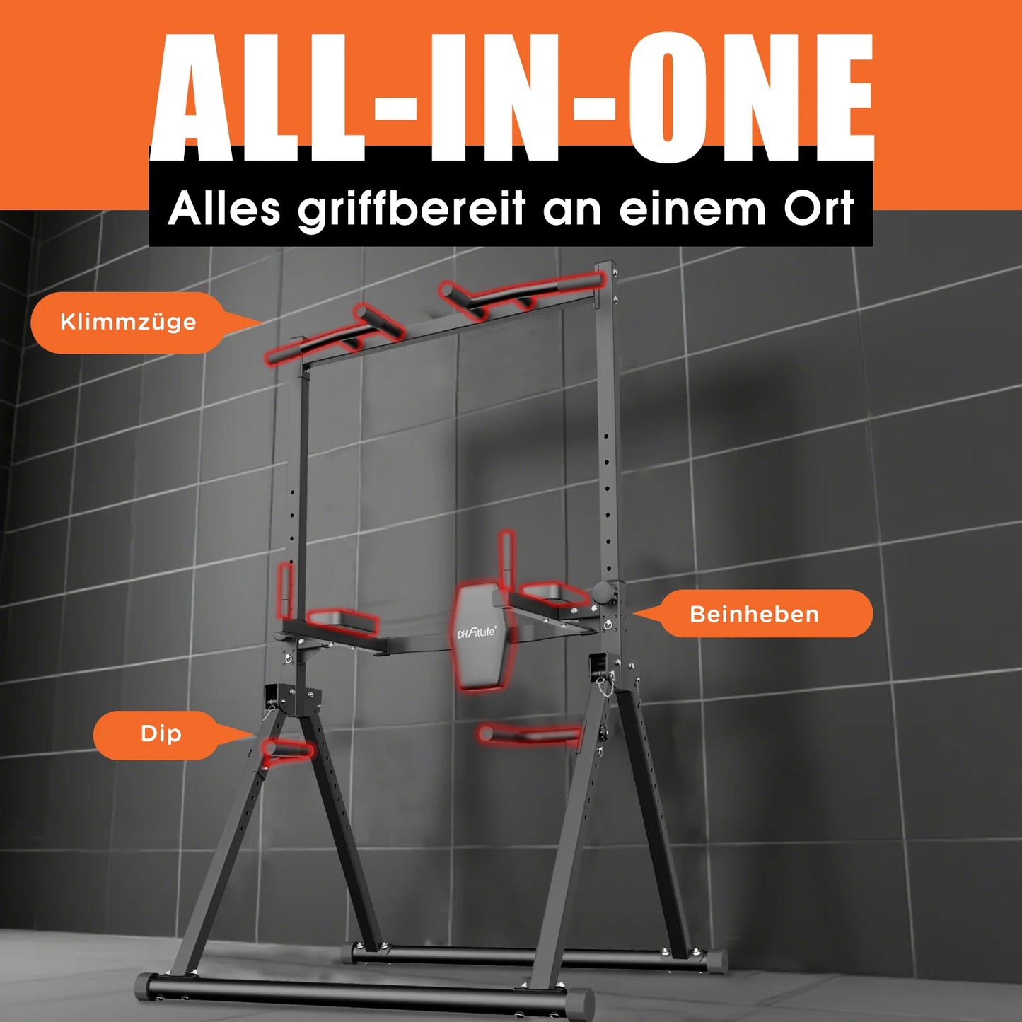 DH FitLife Faltbare Power Tower Dip-Station – Freistehende Klimmzugstange bis 150 kg für das Heimfitnessstudio