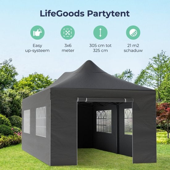 LifeGoods Partyzelt - 3x6 m - Seitenwände - Easy Up - Anthrazit