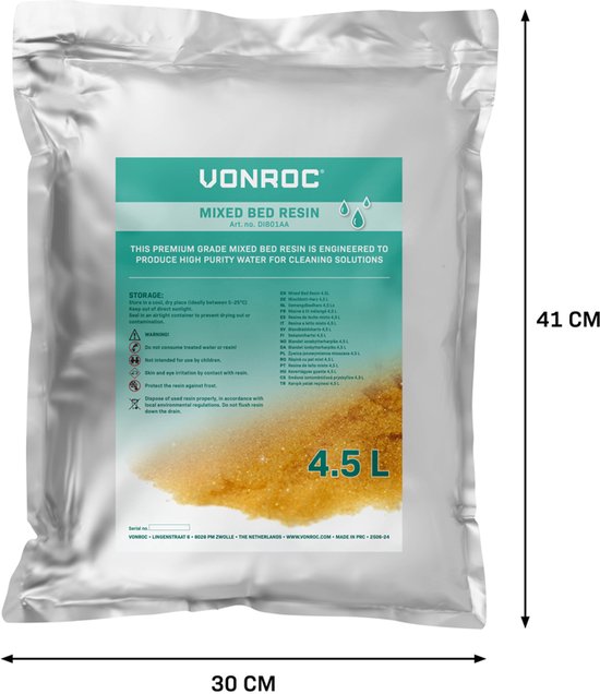 VONROC Premium-Mischbett-Harz – Nachfüllbeutel – 4,5 l – Für den VONROC DI-Reinwasserfilter DI501XX und kompatibel mit ähnlichen DI-Filtersystemen